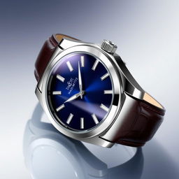A high-end luxury watch named 'Maximite', showcasing a sleek and modern design with a metallic silver case, a deep blue dial featuring luminous hour markers and diamond-cut hands, and a sophisticated leather strap in dark brown