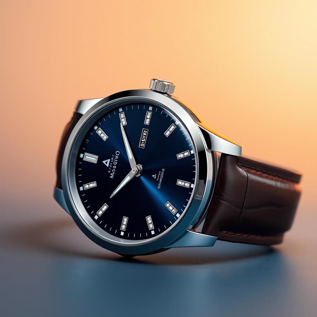 A high-end luxury watch named 'Maximite', showcasing a sleek and modern design with a metallic silver case, a deep blue dial featuring luminous hour markers and diamond-cut hands, and a sophisticated leather strap in dark brown