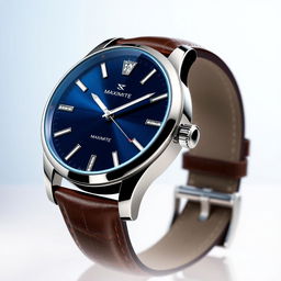 A high-end luxury watch named 'Maximite', showcasing a sleek and modern design with a metallic silver case, a deep blue dial featuring luminous hour markers and diamond-cut hands, and a sophisticated leather strap in dark brown