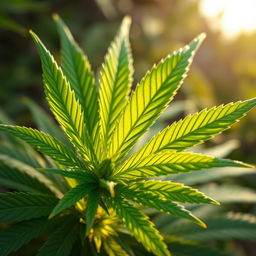 A close-up view of a vibrant green marijuana leaf, showcasing the intricate details of the serrated edges and the deep green color variations