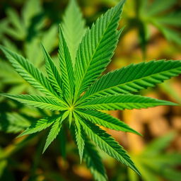 A close-up view of a vibrant green marijuana leaf, showcasing the intricate details of the serrated edges and the deep green color variations