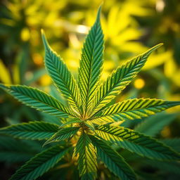 A close-up view of a vibrant green marijuana leaf, showcasing the intricate details of the serrated edges and the deep green color variations