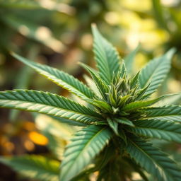 A close-up view of a vibrant green marijuana leaf, showcasing the intricate details of the serrated edges and the deep green color variations