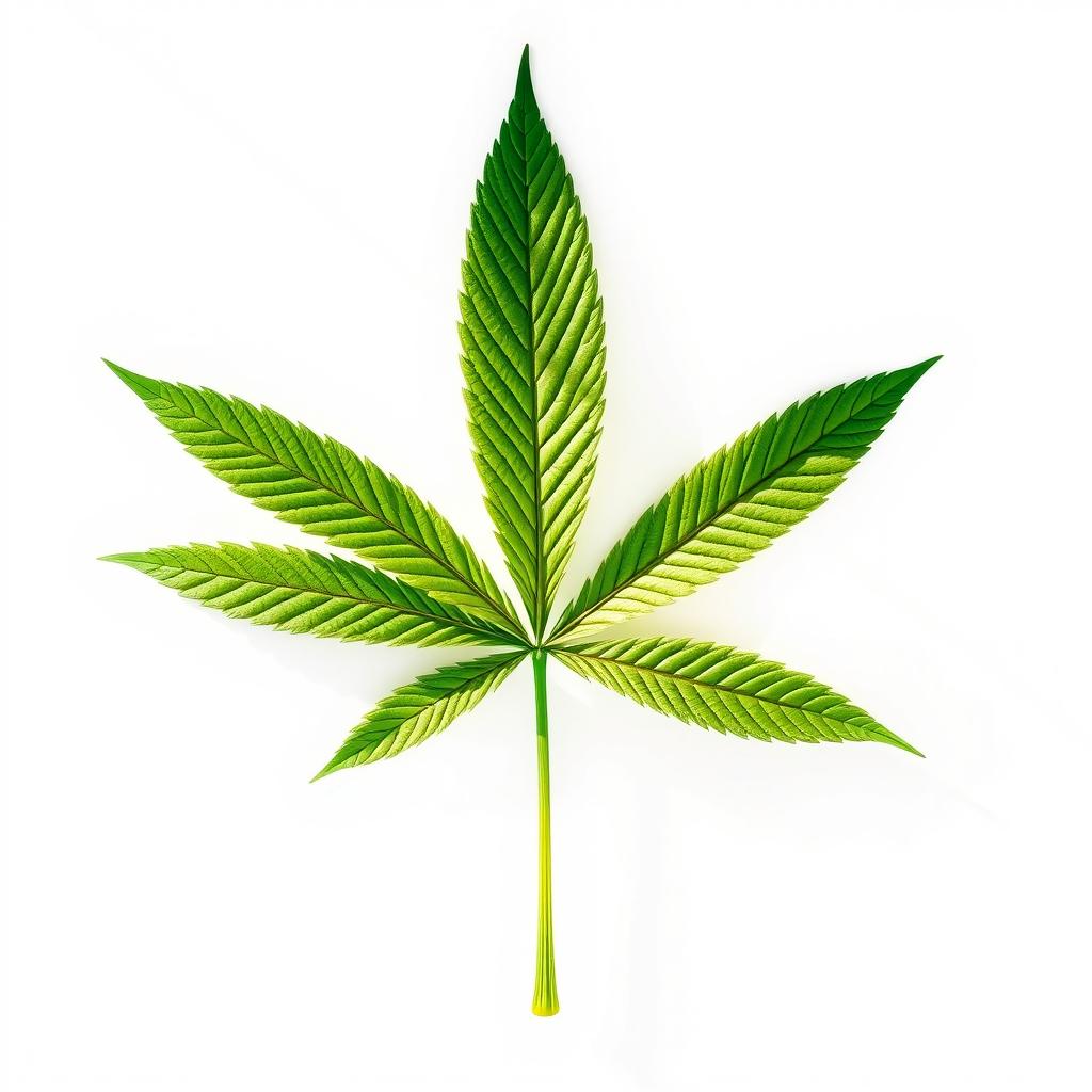 A detailed illustration of a vibrant green marijuana leaf placed prominently in the center against a pristine white background