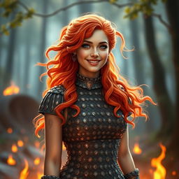 A gentle and warm large fire genasi woman, radiating a kind smile