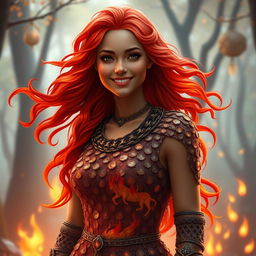 A gentle and warm large fire genasi woman, radiating a kind smile