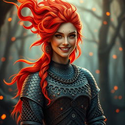 A gentle and warm large fire genasi woman, radiating a kind smile