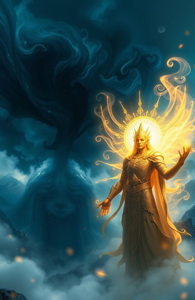 A breathtaking fantasy scene featuring two magnificent gods, one shrouded in deep dark blue fog embodying mystery, power, and the cosmos, and the other radiant with golden light representing purity, divinity, and warmth