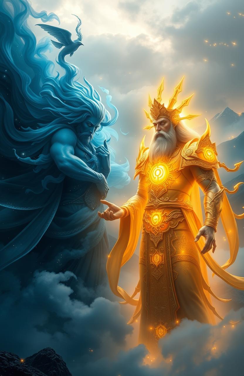 A breathtaking fantasy scene featuring two magnificent gods, one shrouded in deep dark blue fog embodying mystery, power, and the cosmos, and the other radiant with golden light representing purity, divinity, and warmth