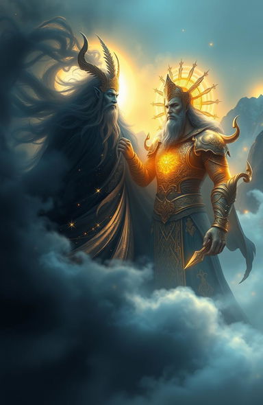 A breathtaking fantasy scene featuring two magnificent gods, one shrouded in deep dark blue fog embodying mystery, power, and the cosmos, and the other radiant with golden light representing purity, divinity, and warmth