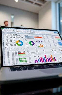 A highly detailed Excel spreadsheet on a modern digital workspace, showcasing colorful charts and graphs, vibrant data points, stylish formatting with color-coded cells, and a user-friendly layout