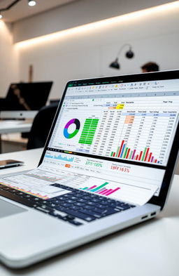 A highly detailed Excel spreadsheet on a modern digital workspace, showcasing colorful charts and graphs, vibrant data points, stylish formatting with color-coded cells, and a user-friendly layout