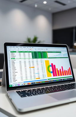 A highly detailed Excel spreadsheet on a modern digital workspace, showcasing colorful charts and graphs, vibrant data points, stylish formatting with color-coded cells, and a user-friendly layout