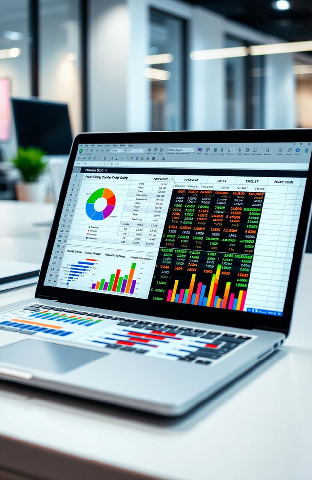 A highly detailed Excel spreadsheet on a modern digital workspace, showcasing colorful charts and graphs, vibrant data points, stylish formatting with color-coded cells, and a user-friendly layout