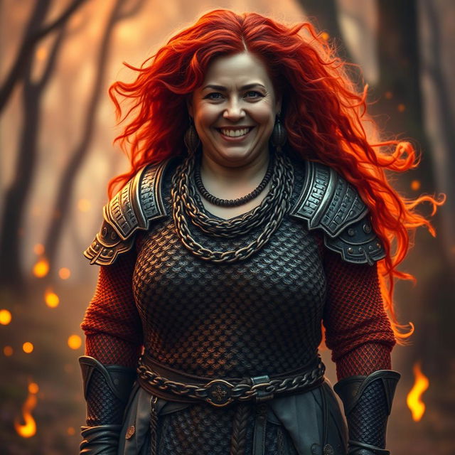 A gentle and warm rotund fire genasi woman, embodying a mature and motherly aura, with a kind smile that brings comfort