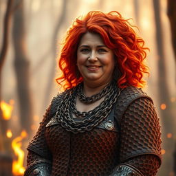 A gentle and warm rotund fire genasi woman, embodying a mature and motherly aura, with a kind smile that brings comfort