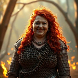 A gentle and warm rotund fire genasi woman, embodying a mature and motherly aura, with a kind smile that brings comfort