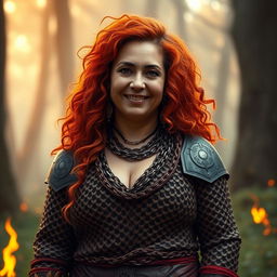 A gentle and warm rotund fire genasi woman, embodying a mature and motherly aura, with a kind smile that brings comfort