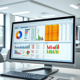 A highly detailed Excel spreadsheet displayed on a modern computer screen, featuring colorful charts and graphs that represent data analytics