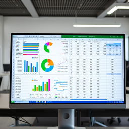 A highly detailed Excel spreadsheet displayed on a modern computer screen, featuring colorful charts and graphs that represent data analytics