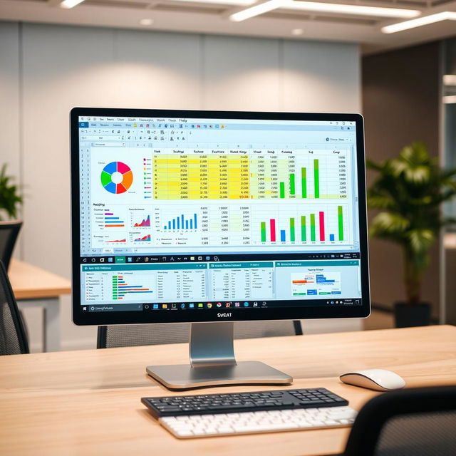 A highly detailed Excel spreadsheet displayed on a modern computer screen, featuring colorful charts and graphs that represent data analytics