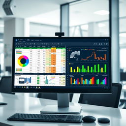 A highly detailed Excel spreadsheet displayed on a modern computer screen, featuring colorful charts and graphs that represent data analytics