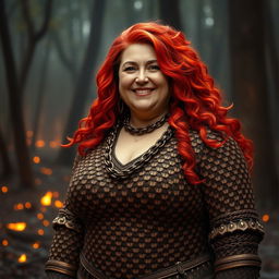 A gentle and rotund fire genasi woman, embodying a mature and motherly essence, with a warm smile that exudes kindness and comfort