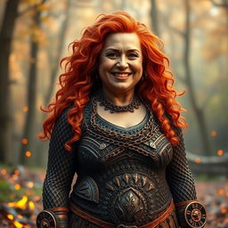 A gentle and rotund fire genasi woman, embodying a mature and motherly essence, with a warm smile that exudes kindness and comfort