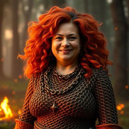A gentle and rotund fire genasi woman, embodying a mature and motherly essence, with a warm smile that exudes kindness and comfort