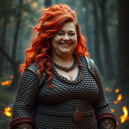 A gentle and rotund fire genasi woman, embodying a mature and motherly essence, with a warm smile that exudes kindness and comfort