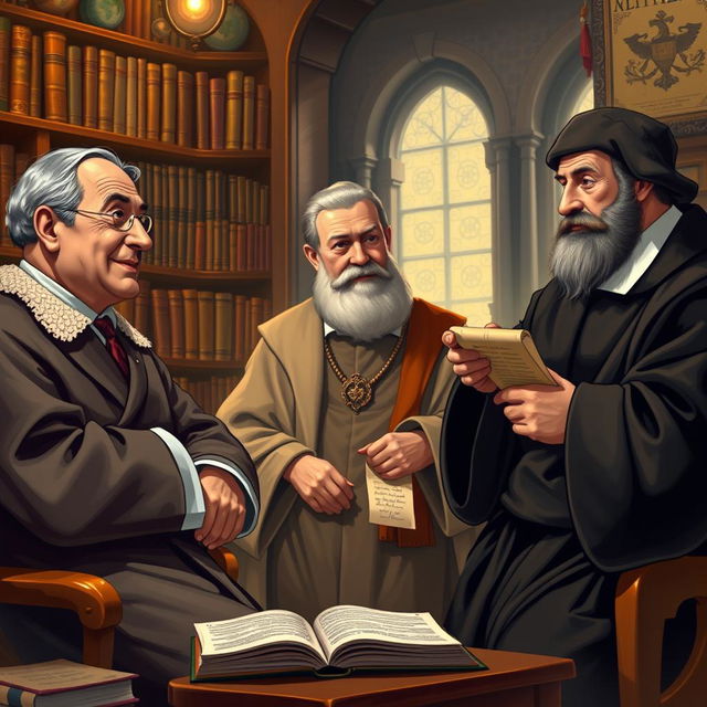 A vibrant, intellectual scene depicting a dialogue between three towering figures: C