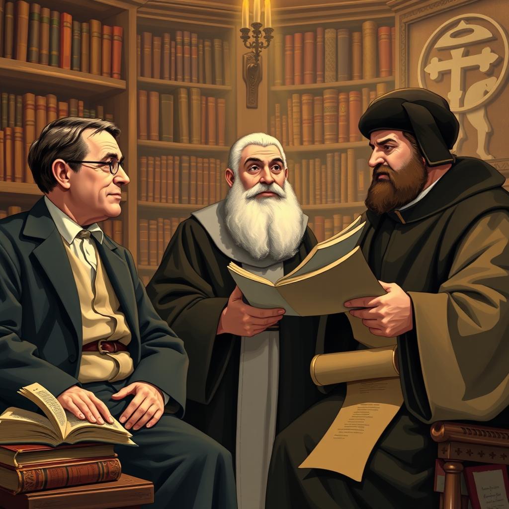 A vibrant, intellectual scene depicting a dialogue between three towering figures: C