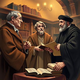 A vibrant, intellectual scene depicting a dialogue between three towering figures: C