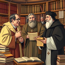A vibrant, intellectual scene depicting a dialogue between three towering figures: C