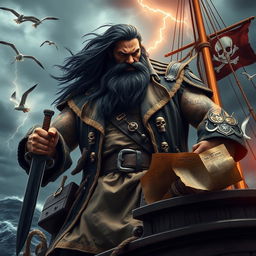 A colossal pirate known as Goliath, towering over the deck of a vintage pirate ship