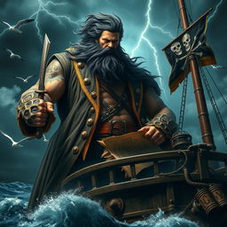 A colossal pirate known as Goliath, towering over the deck of a vintage pirate ship