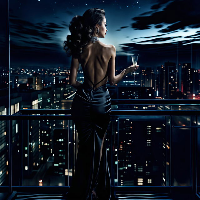 A beautiful woman in cocktail attire facing away during a dimly lit evening. She's wearing a backless little black dress and standing on a balcony overlooking a cityscape.