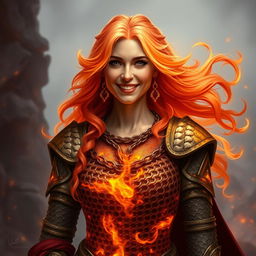 A gentle fire elemental woman embodying a mature and motherly essence, her warm smile radiating kindness and comfort