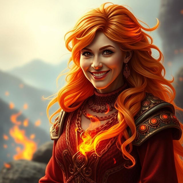 A gentle fire elemental woman embodying a mature and motherly essence, her warm smile radiating kindness and comfort