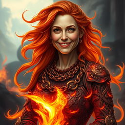 A gentle fire elemental woman embodying a mature and motherly essence, her warm smile radiating kindness and comfort