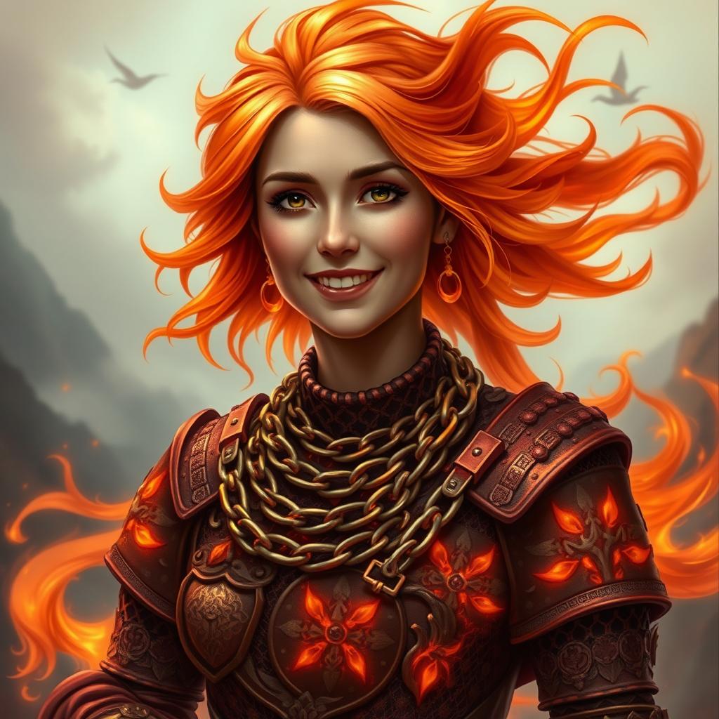 A gentle fire elemental woman embodying a mature and motherly essence, her warm smile radiating kindness and comfort