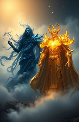 A fantasy scene featuring two divine figures representing fog-like gods