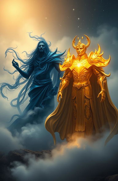 A fantasy scene featuring two divine figures representing fog-like gods