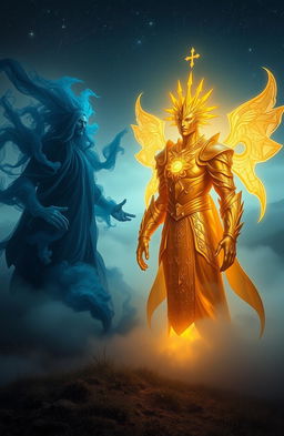 A fantasy scene featuring two divine figures representing fog-like gods