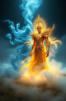 A fantasy scene featuring two divine figures representing fog-like gods