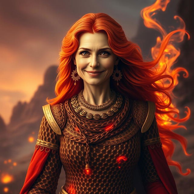 A gentle fire elemental woman, exuding a mature and motherly essence, with a warm, inviting smile that emanates kindness and comfort