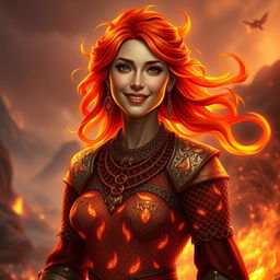 A gentle fire elemental woman, exuding a mature and motherly essence, with a warm, inviting smile that emanates kindness and comfort