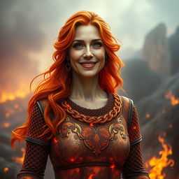 A gentle fire elemental woman, exuding a mature and motherly essence, with a warm, inviting smile that emanates kindness and comfort