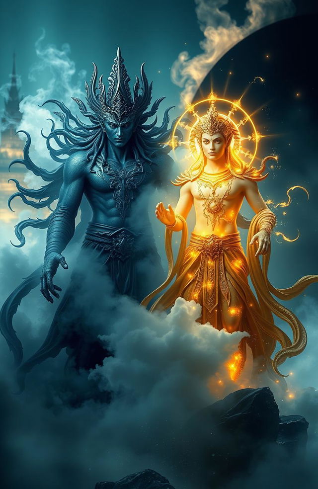 A stunning fantasy scene featuring two gods representing contrasting themes of dark and light