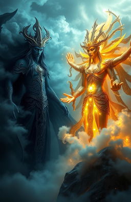 A stunning fantasy scene featuring two gods representing contrasting themes of dark and light